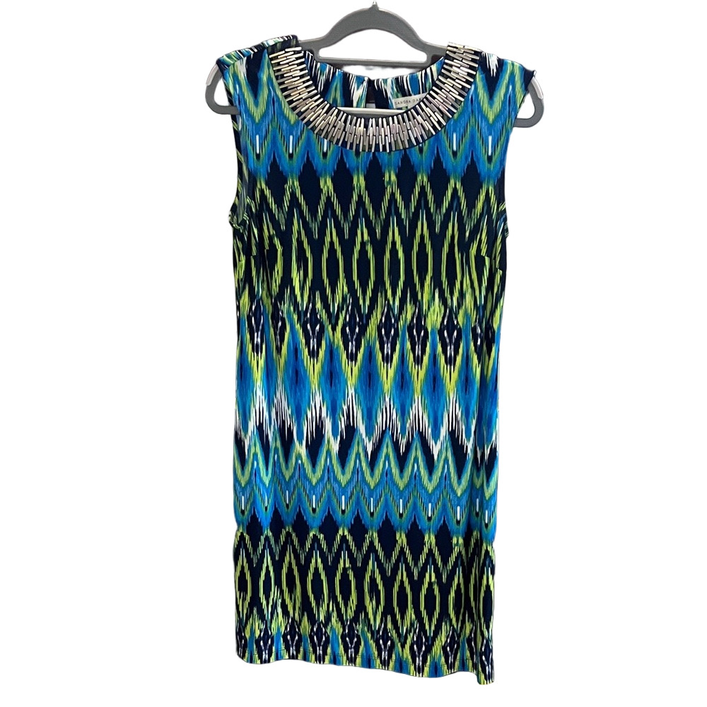 Sandra Darren Vibrant Blue and Green Zigzag Dress